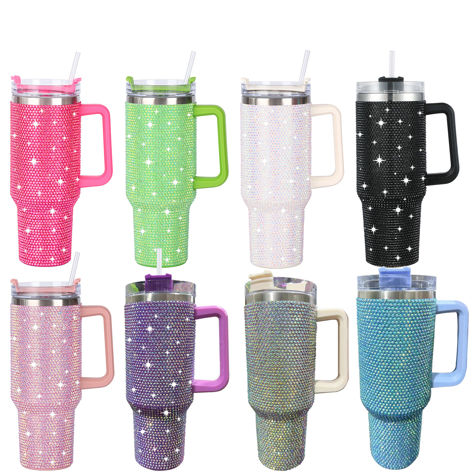 DD2697  Glitter Stainless Steel Car Tumbler 40oz Insulated Vacuum Mug Straw Cup Travel Diamond Mug with Handle