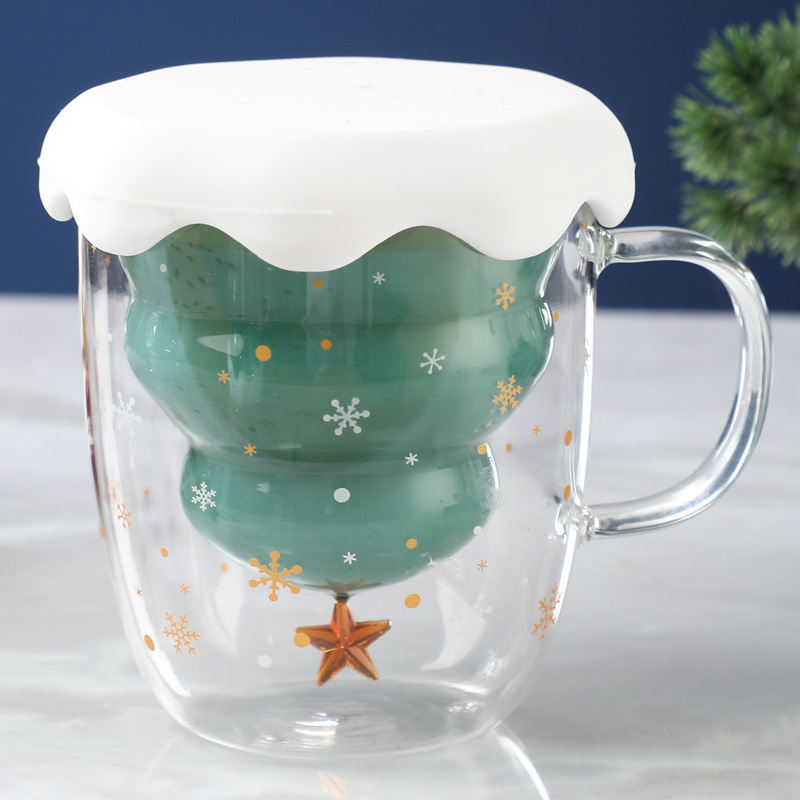 DD2186  Cartoon Xmas Tree Milk Glasses Transparent Gift Drinking Water Mug Clear Double Wall Christmas Glass Cup With Lid