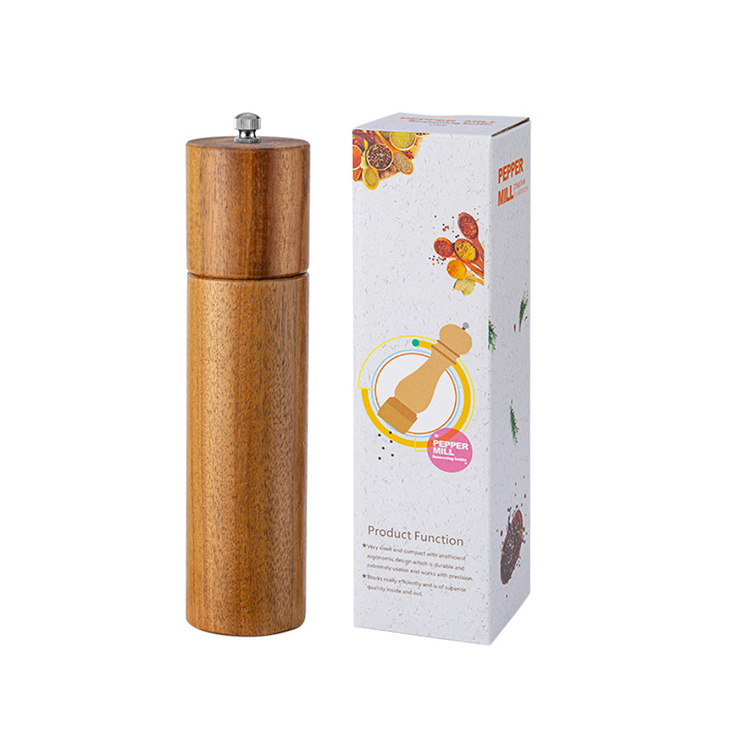 A1090 Household Sea Salt Pepper Grinder Acacia Cylindrical Pepper Grinder Kitchen Accessories Stainless Steel Pepper Mill