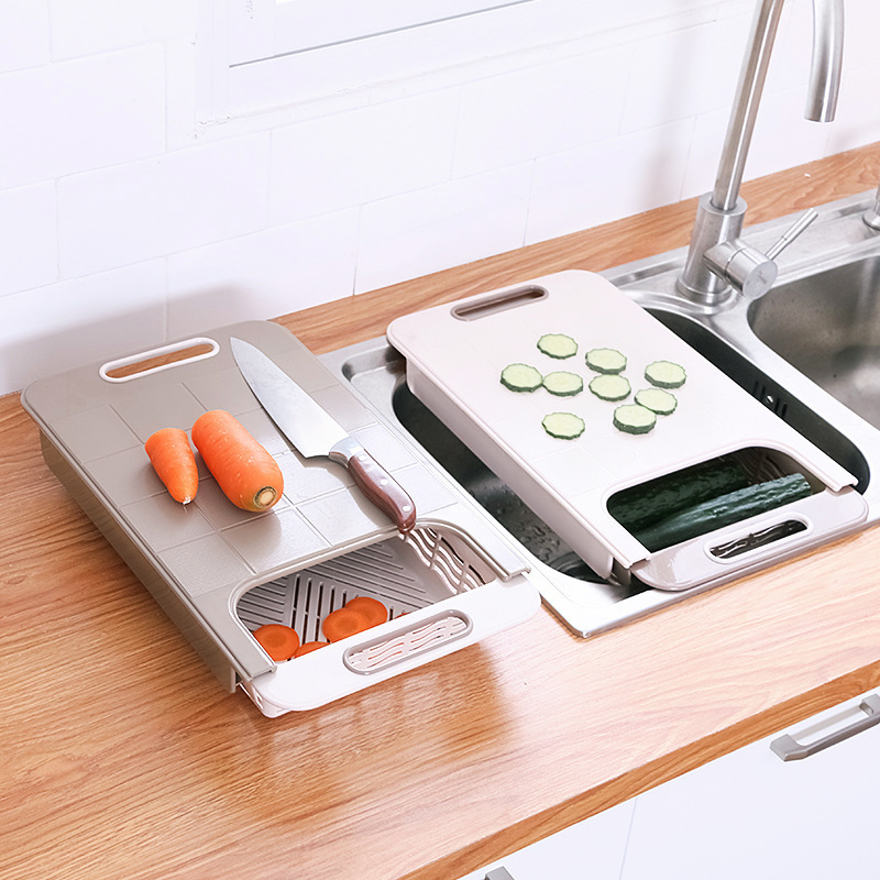 DD2403 Plastic Telescopic Chopping Board Kitchen Sink Drain Storage Multifunction Cutting Board with Basket