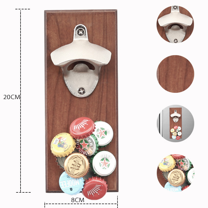 DD1121  Wooden Refrigerator Magnetic Bottle Stainless Steel Wall Mounted Opener Fridge Magnets Hanging Openers