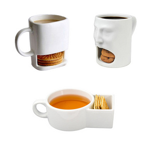 Z455 Porcelainous Milk Face Cup Tea Mugs  with Biscuit Pocket White Cookies Cup Holder Cookies White Ceramic Coffee Mug