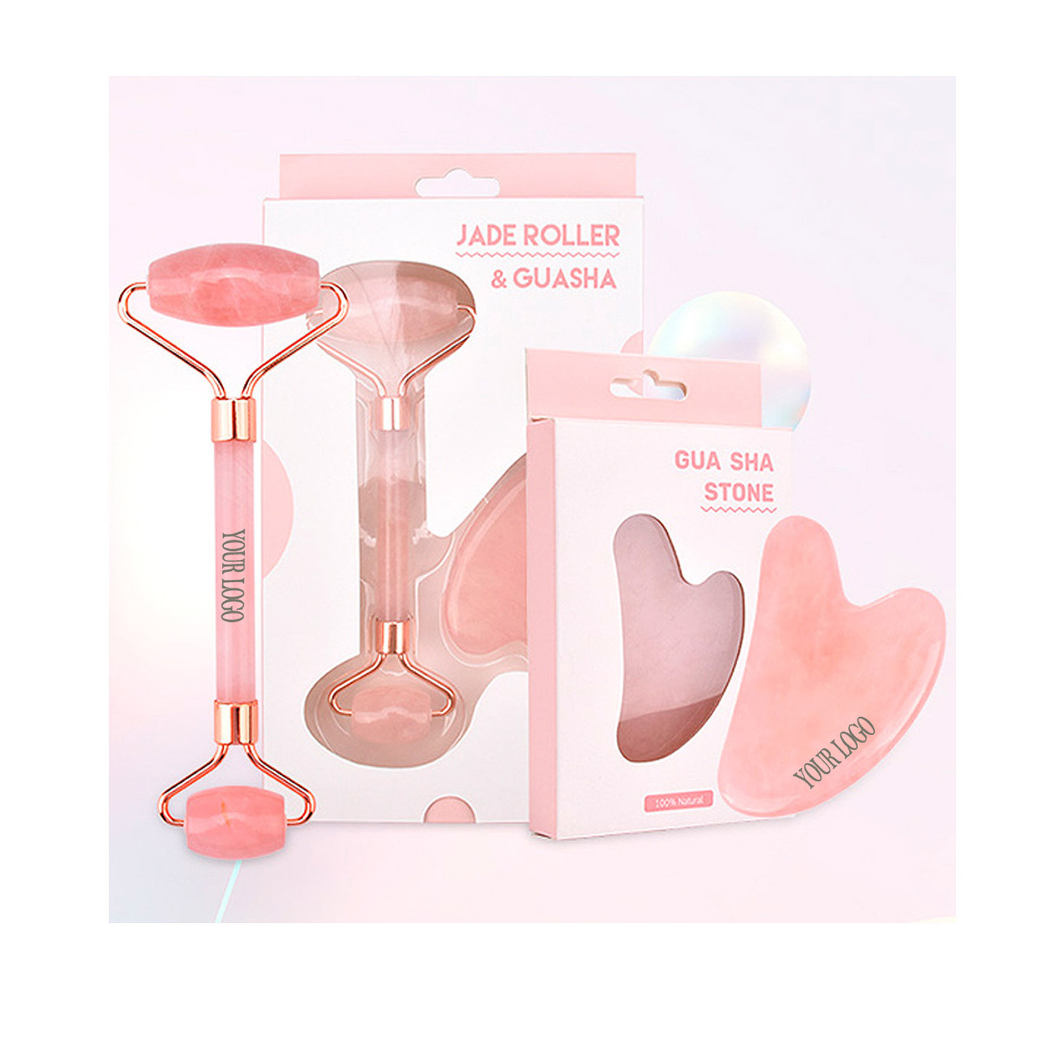 2023 Mauri Hot Sales  Custom Skin Care Tools 100% Natural Facial Massage  Rose Quartz Face Jade Roller Gua Sha Set with Box