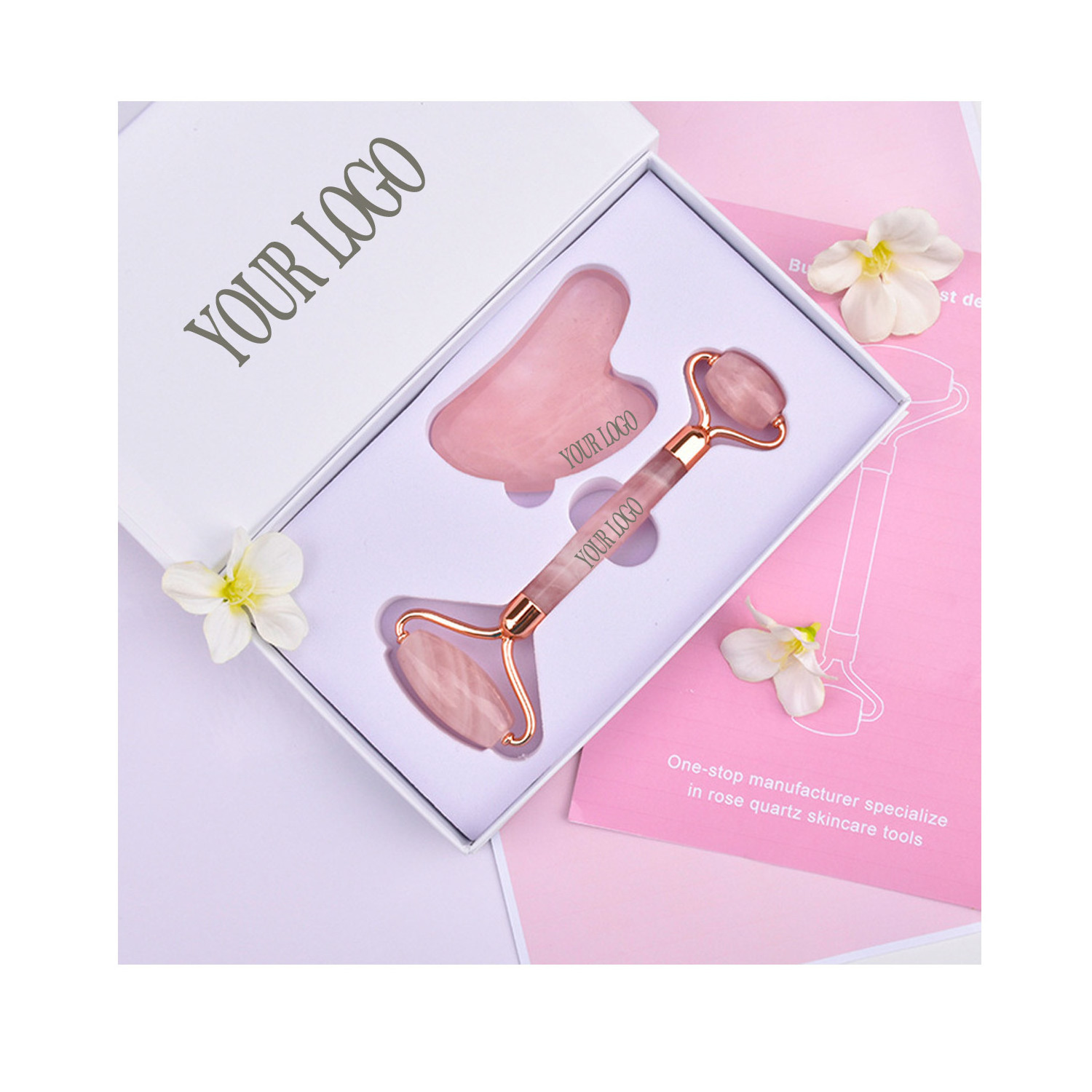 2023 Mauri Hot Sales  Custom Skin Care Tools 100% Natural Facial Massage  Rose Quartz Face Jade Roller Gua Sha Set with Box