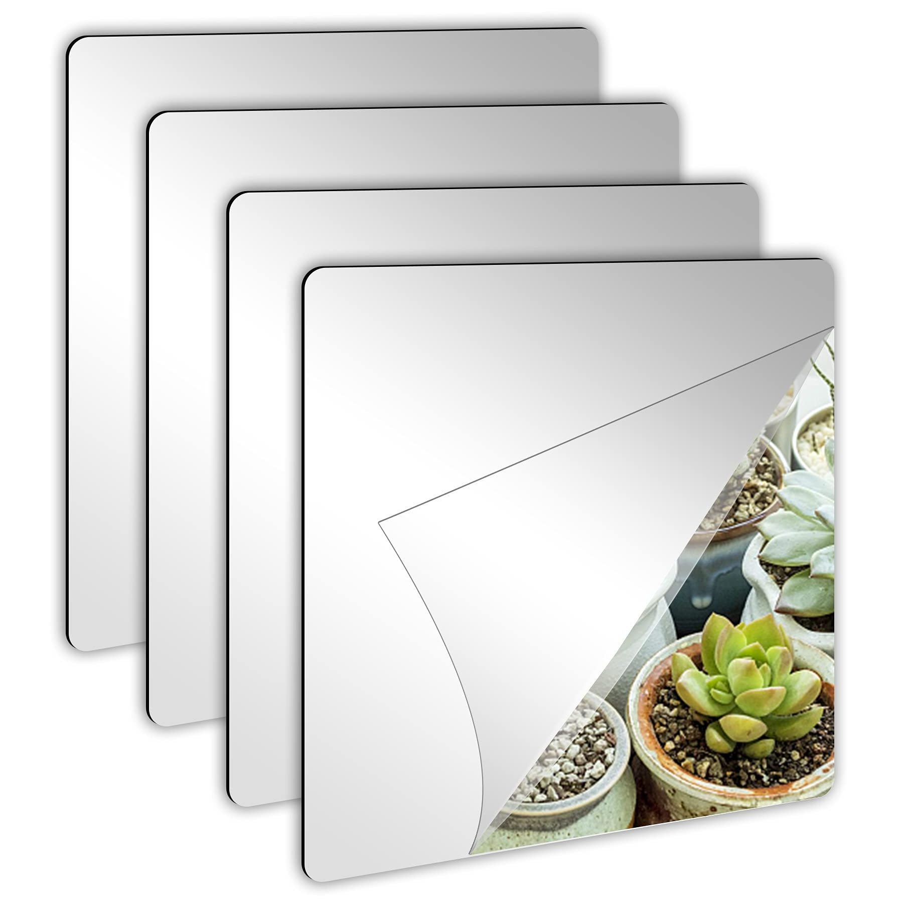 Self Adhesive Acrylic  Tiles Flexible Plastic Mirror Sheets Wall Stickers 2MM Thick  Frameless Small Mirror 4 Pack (8x 8 inch)