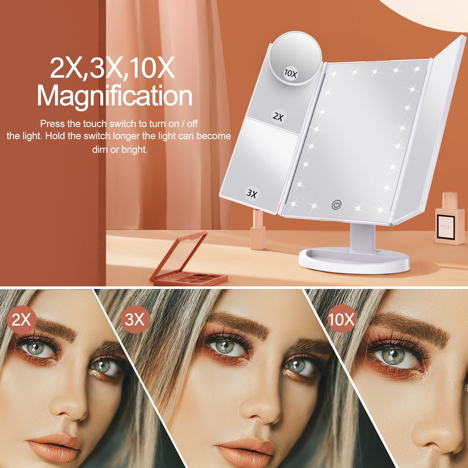 2023 Style Travel Portable Led  Trifold  Makeup Mirrors With The Led Light  2X 3X 10X Magnification Touch Control For Women Gift