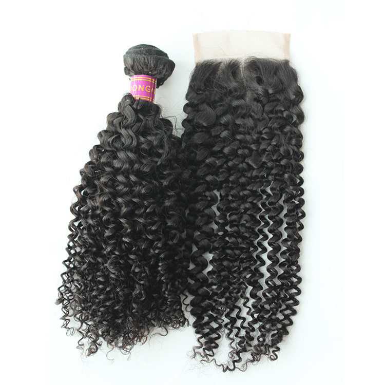 Human Virgin Hair Weave Bundles Closure Mongolian Kinky Curly Hair With Lace Closure