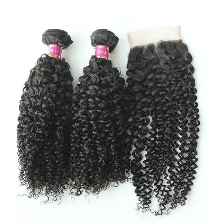 Human Virgin Hair Weave Bundles Closure Mongolian Kinky Curly Hair With Lace Closure