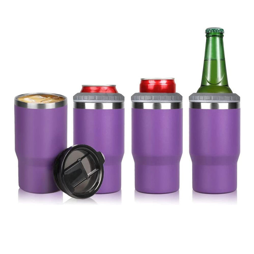 Customized Outdoor Portable 4 in 1 double wall vacuum Insulated Stainless Steel 14oz Beer Can Holder Bottle Cooler