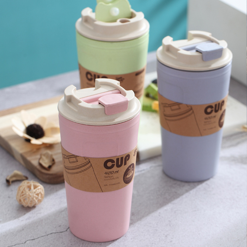 Wholesale Eco Friendly Wheat Straw Coffee Tumbler Cups in Bulk Promotional Plastic Biodegradable Coffee Travel Mug 420ml