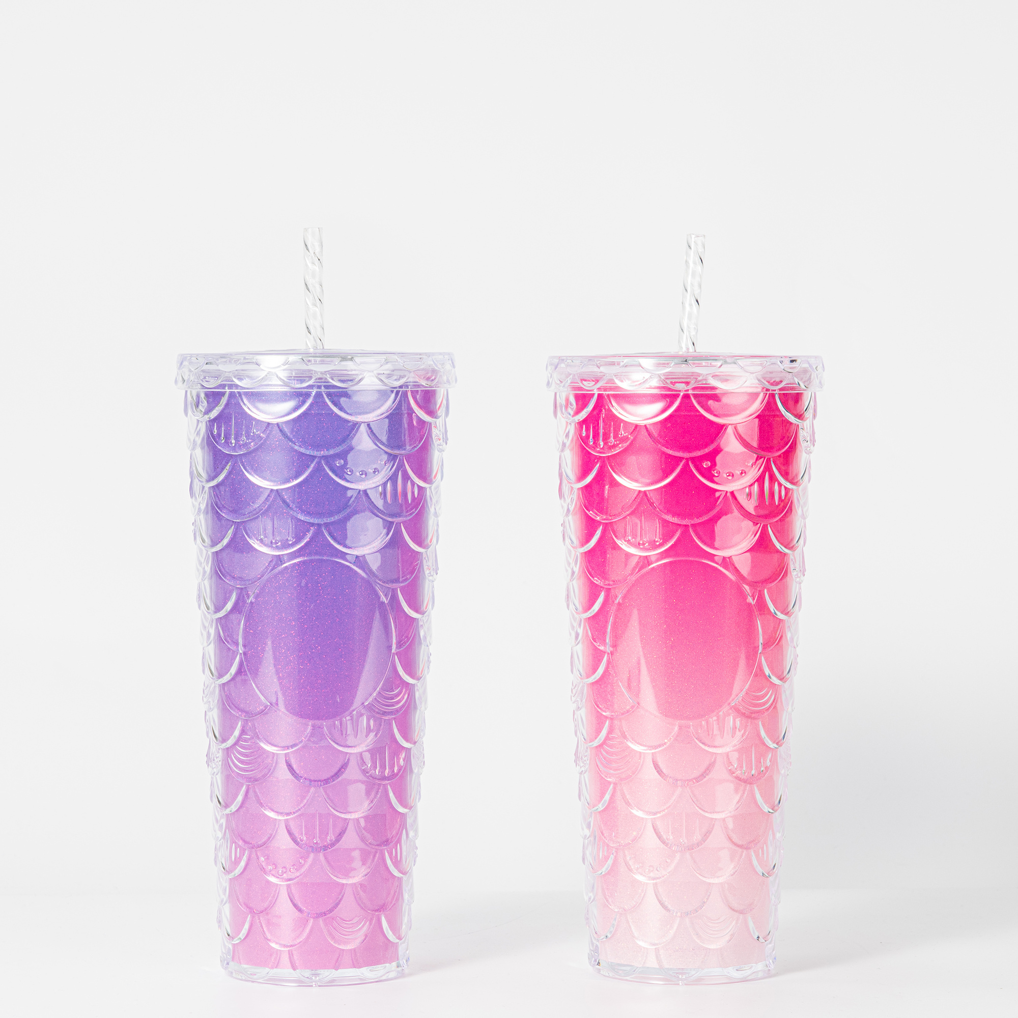 710ml Plastic Cups with Lid and Straw Hot Selling Double Wall Coffee Fish  Scale Glitter Mug 24oz studded tumbler