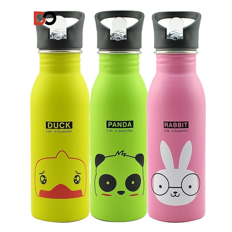 Cute animal pattern single wall stainless steel water bottle student kids water bottle sport drinking bottle with straw 500ml