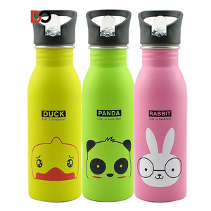 Cute animal pattern single wall stainless steel water bottle student kids water bottle sport drinking bottle with straw 500ml