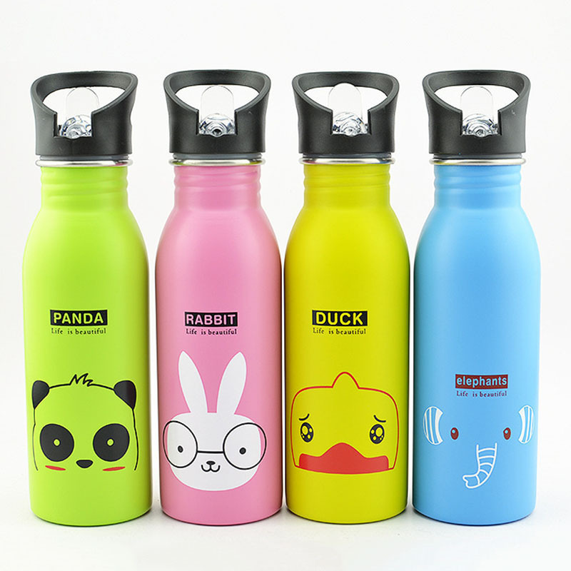 Cute animal pattern single wall stainless steel water bottle student kids water bottle sport drinking bottle with straw 500ml