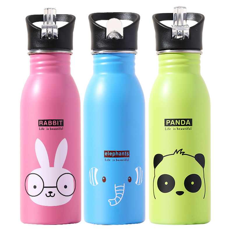 Cute animal pattern single wall stainless steel water bottle student kids water bottle sport drinking bottle with straw 500ml