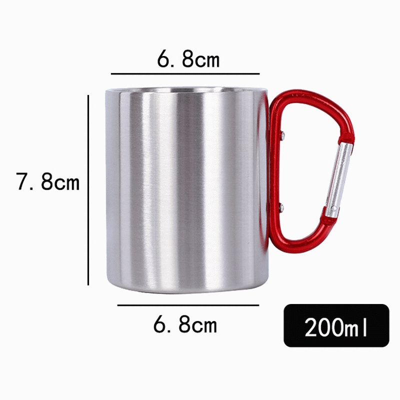 200ml 300ml outdoor camping travel portable carabiner mug with handle,stainless steel double wall coffee cup metal carabiner mug