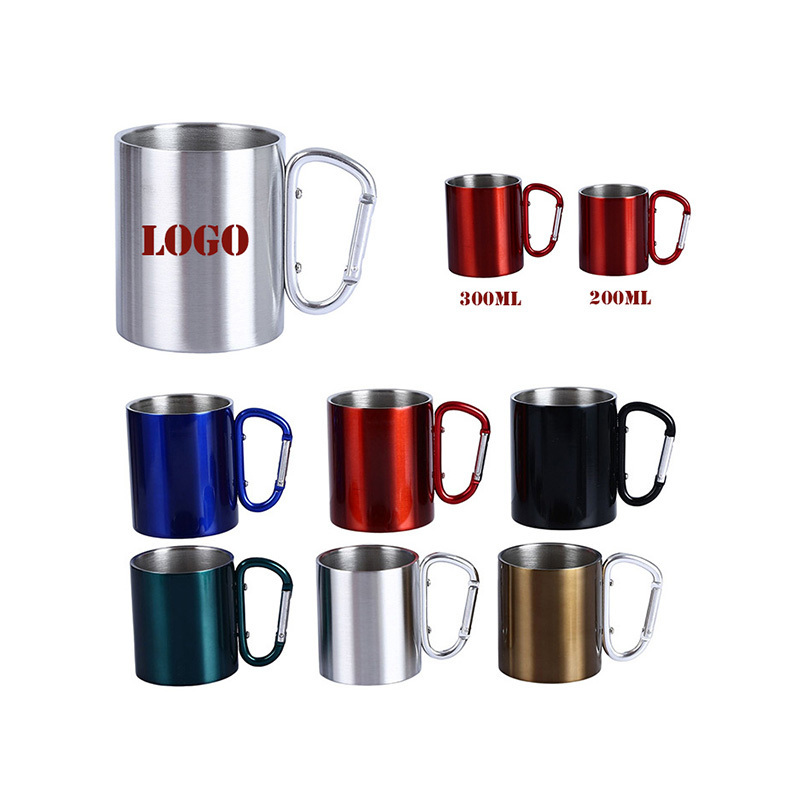 200ml 300ml outdoor camping travel portable carabiner mug with handle,stainless steel double wall coffee cup metal carabiner mug