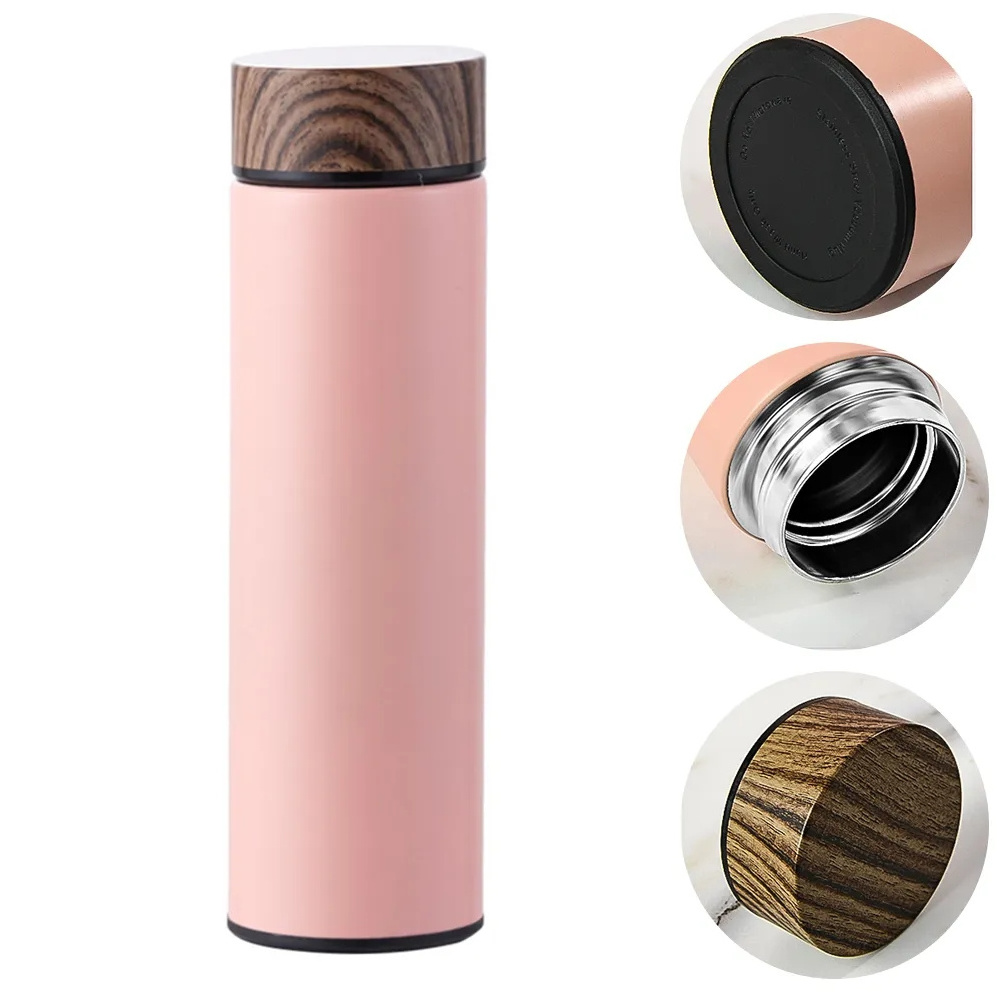 500ml Wood Grain Color Lid Stainless Steel Double Wall Insulated Vacuum Flask Tea Infuser Water Bottle