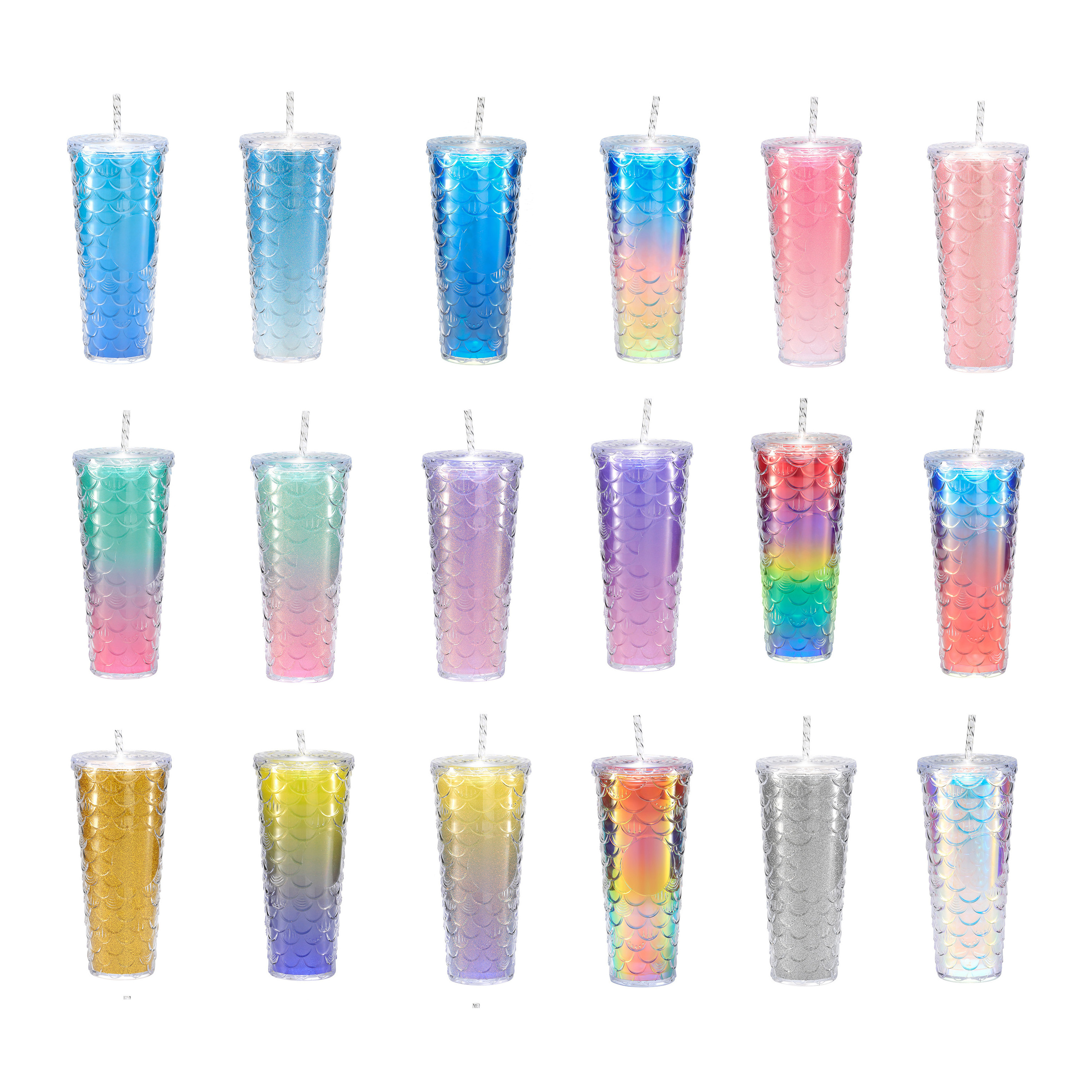 Rainbow fish scale gradient 700ml double wall coffee mug tumbler reusable plastic cup with straw and lid