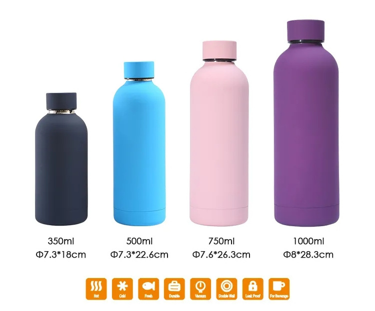 Custom print double wall insulated thermos bottle soft rubber paint small mouth stainless steel water bottle 500ml 750ml 1000ml