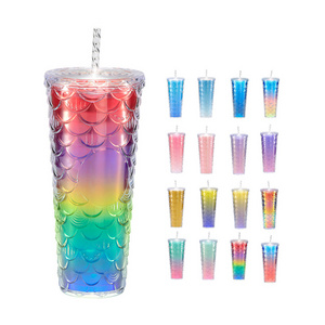 Rainbow fish scale gradient 700ml double wall coffee mug tumbler reusable plastic cup with straw and lid