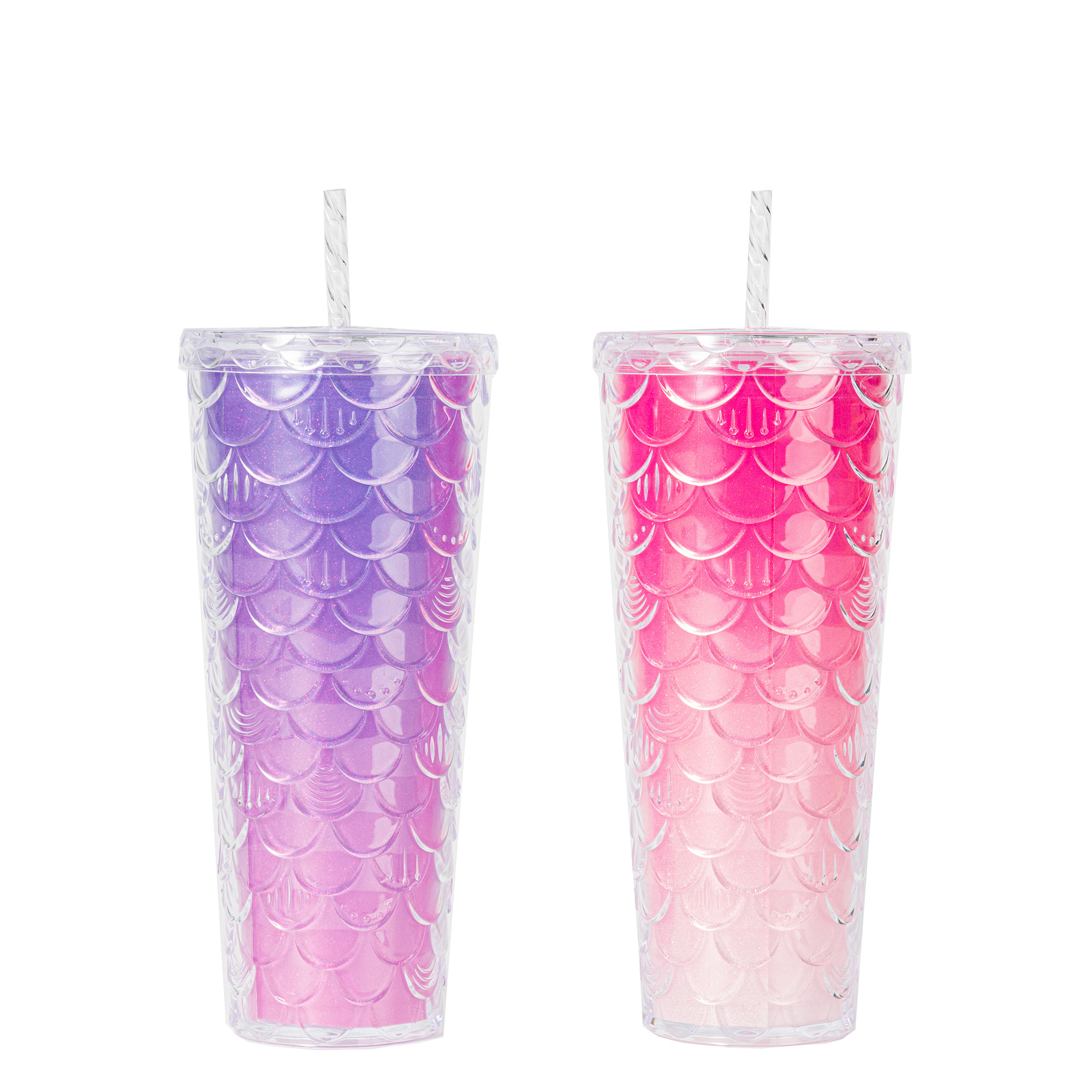 Rainbow fish scale gradient 700ml double wall coffee mug tumbler reusable plastic cup with straw and lid