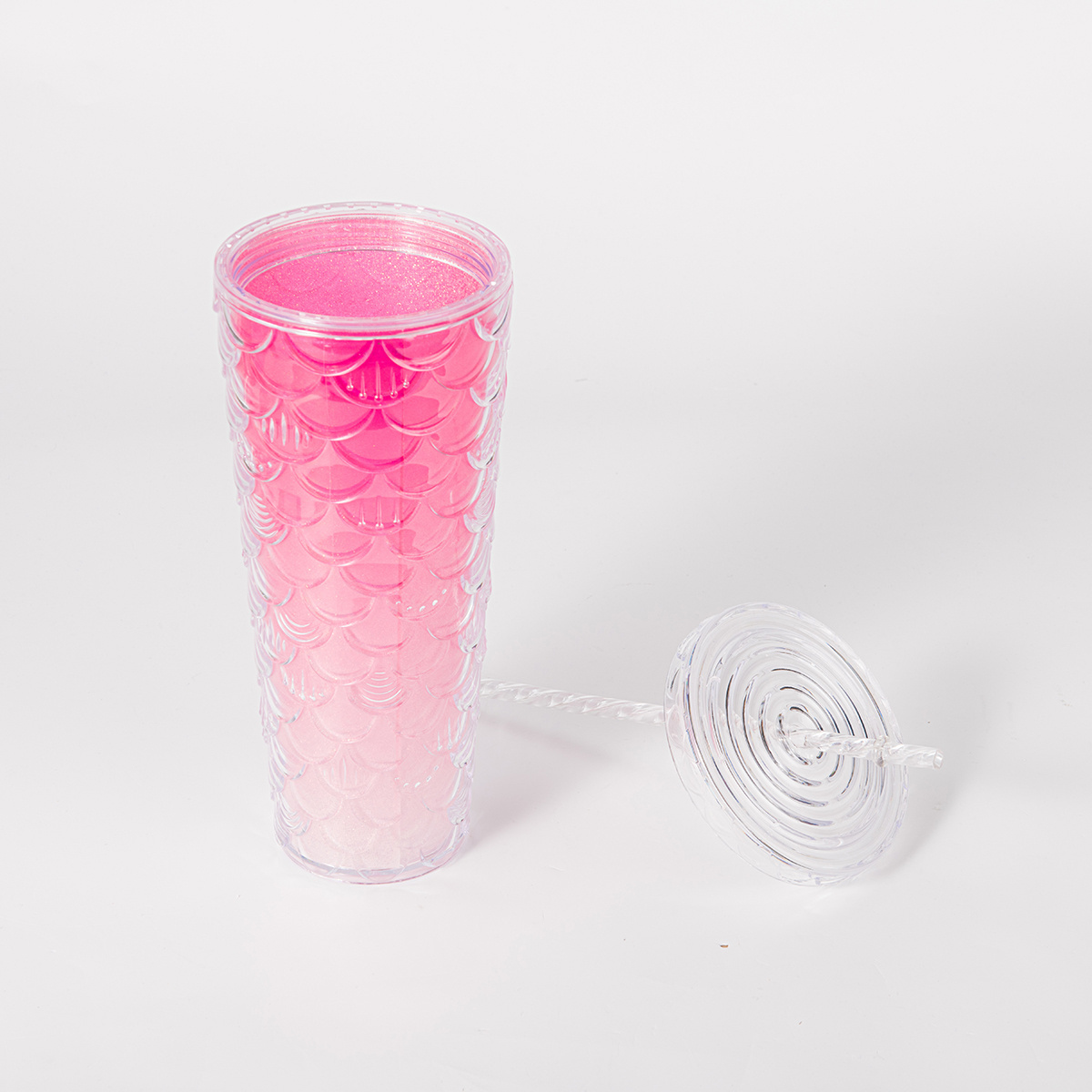 710ml Plastic Cups with Lid and Straw Hot Selling Double Wall Coffee Fish  Scale Glitter Mug 24oz studded tumbler