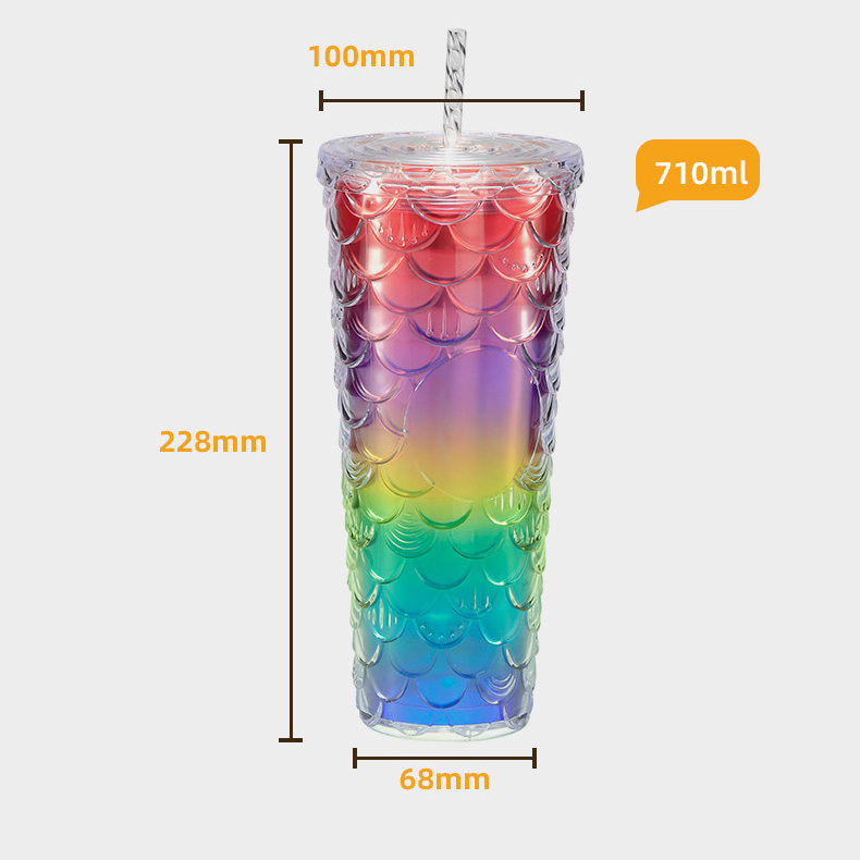 Rainbow fish scale gradient 700ml double wall coffee mug tumbler reusable plastic cup with straw and lid