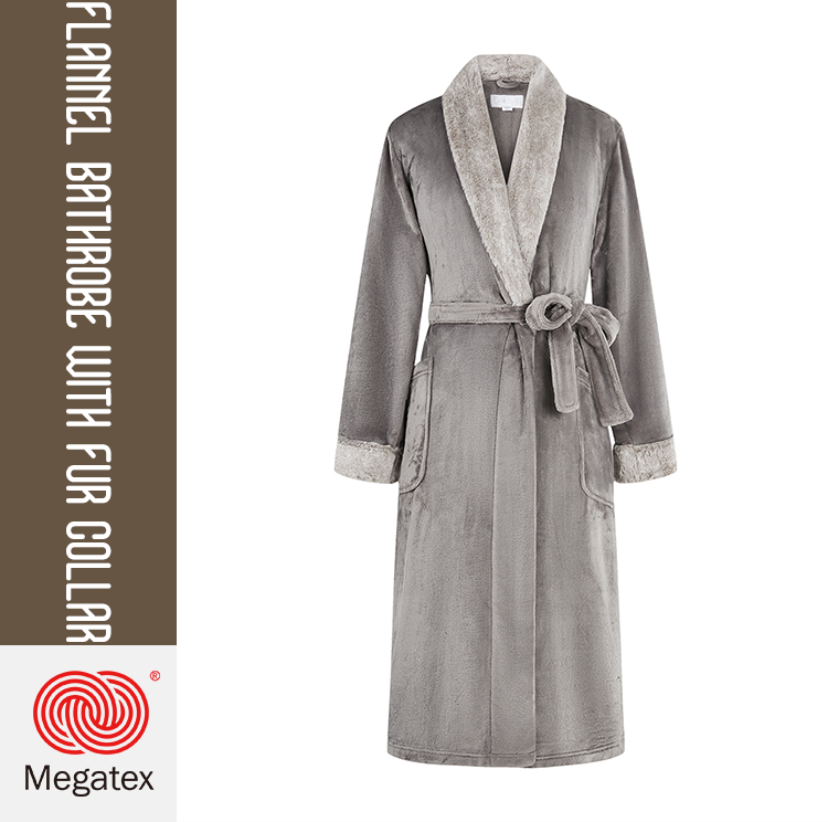 Plain Dyed Hotel Luxury 100% Polyester Flannel Bath Robe With Fur Collar For Women