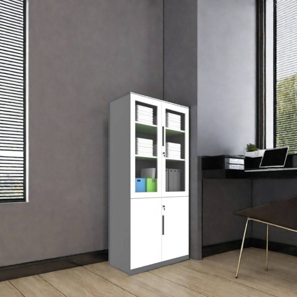 Metal Office Filing Cabinet with Door and Glass Steel Cupboard with Shelves for Storage and Organization