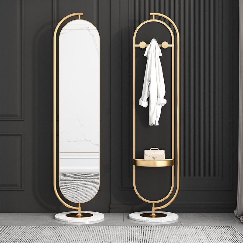 New Arrival Fashion Metal Framed Long Large Gold Oval Bedroom Furniture Rotatable Floor Standing Full Body Mirror With Coat Rack