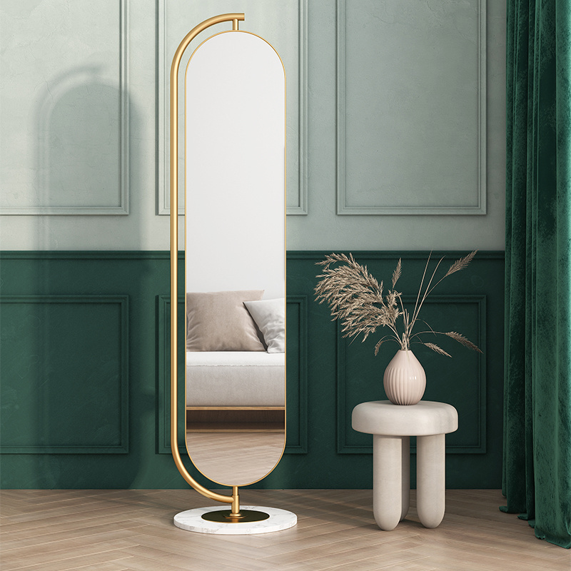 New Arrival Fashion Metal Framed Long Large Gold Oval Bedroom Furniture Rotatable Floor Standing Full Body Mirror With Coat Rack