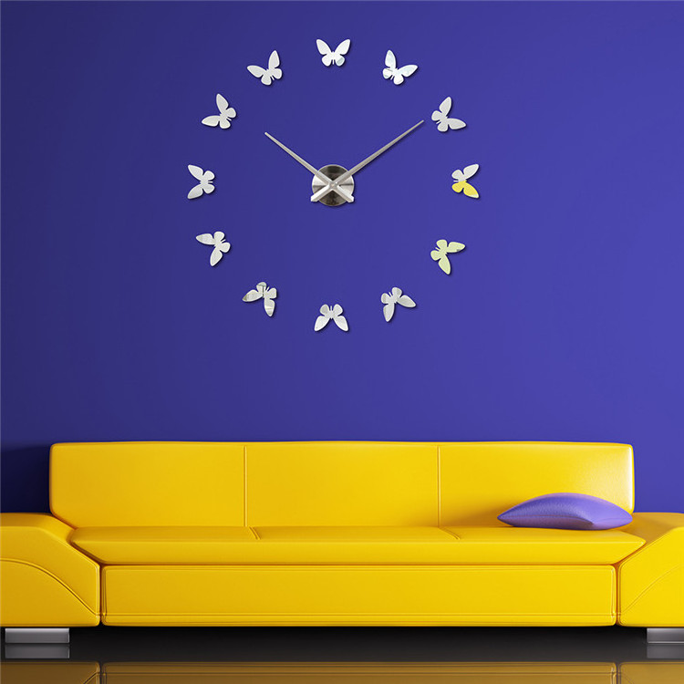 Horloge Mural Acrylic Mirror Wall Watch Big Size Clock Mirror Sticker 3D Butterfly Wall Clock Modern Design