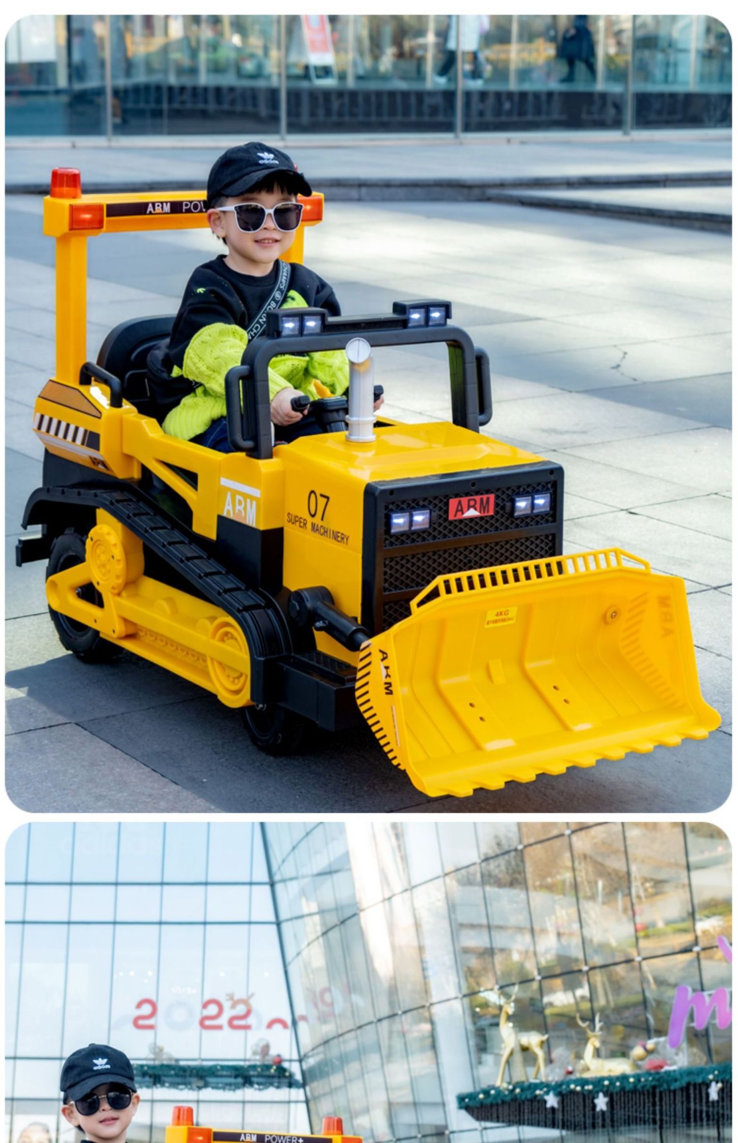 Children's Electric Bulldozer Toy Can Sit On A Large Remote Control Forklift Which Can Sit On A Large Tractor And Children's