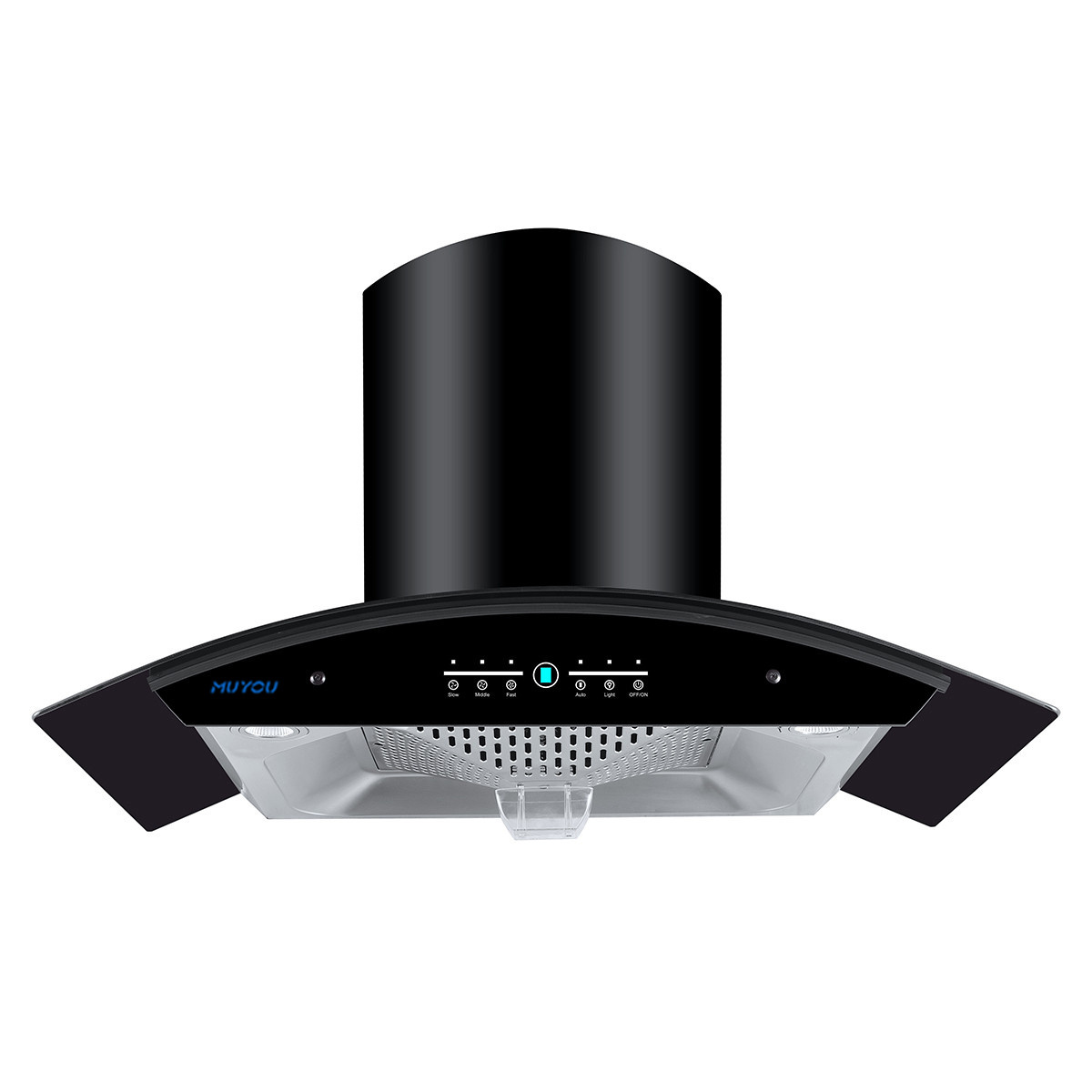 Black Chimney 900MM Copper Motor  Big Suction Arc-shape Glass Curved Kitchen Hood Kitchen Chimney Range Hood Cooker Hood