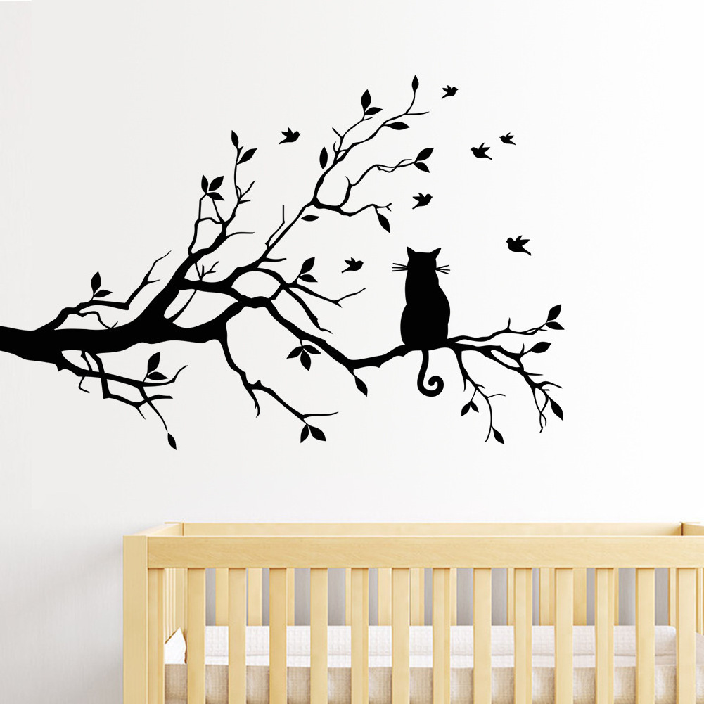 Cartoon Creative  Lovely Cat Bird Tree Wall DIY Removable Wall Stickers Living Room Kids Bedroom Mural Decals