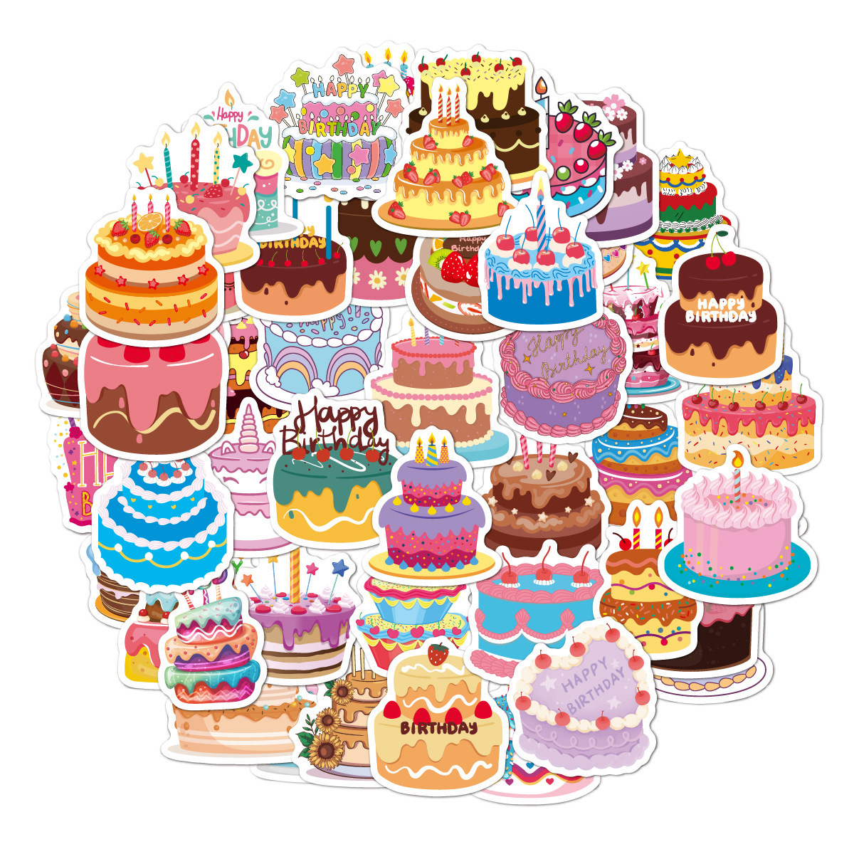 50Pcs Cake Stickers for Kids Water Bottle Laptop Birthday Party Decoration Art Sticker Gifts Motorcycle Luggage Guitar Decal