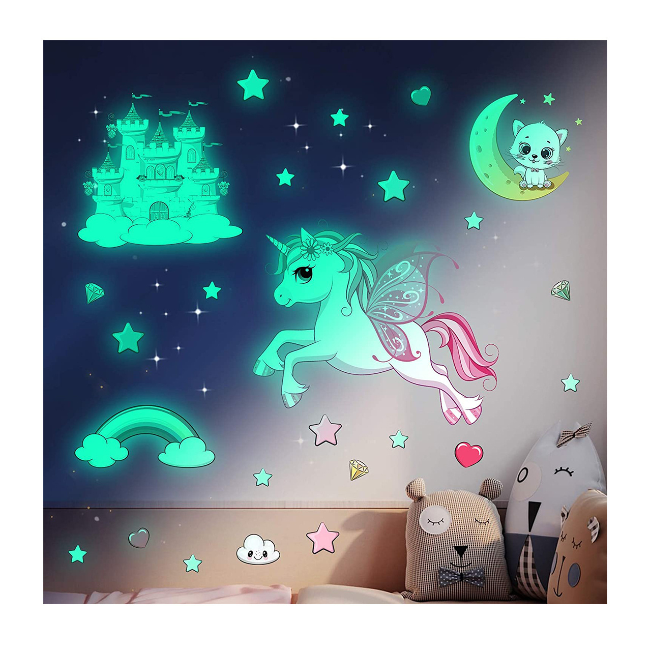 Custom 3D Luminous Wall Sticker Removable Self-Adhesive Glow in The Dark Sticker Cartoon Princess Stickers for Kids Room