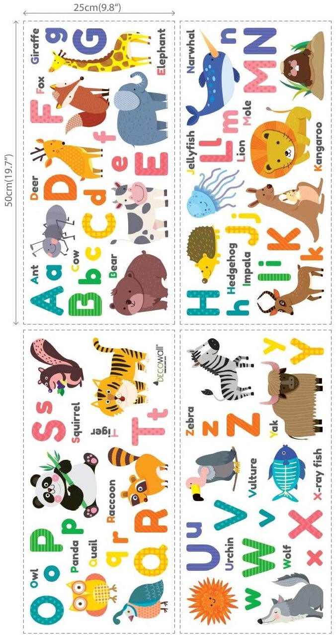 Colourful Animal Alphabet Children Nursery Wall Stickers Home Decal Peel and Stick Removable Wall Stickers for Kids Living Room