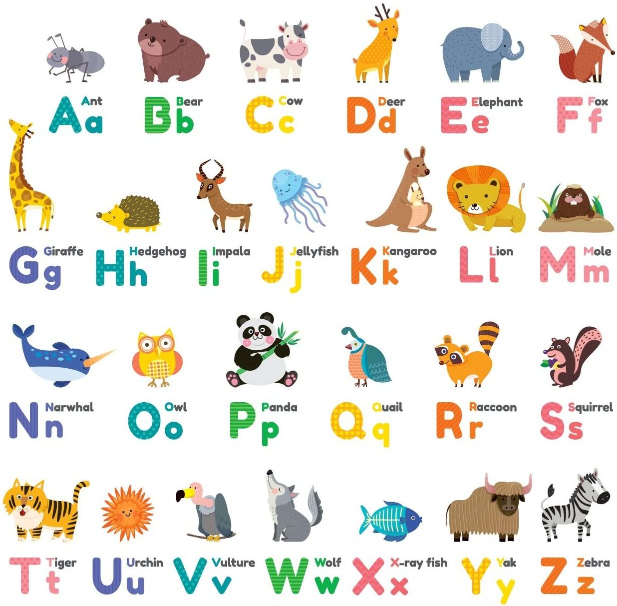 Colourful Animal Alphabet Children Nursery Wall Stickers Home Decal Peel and Stick Removable Wall Stickers for Kids Living Room