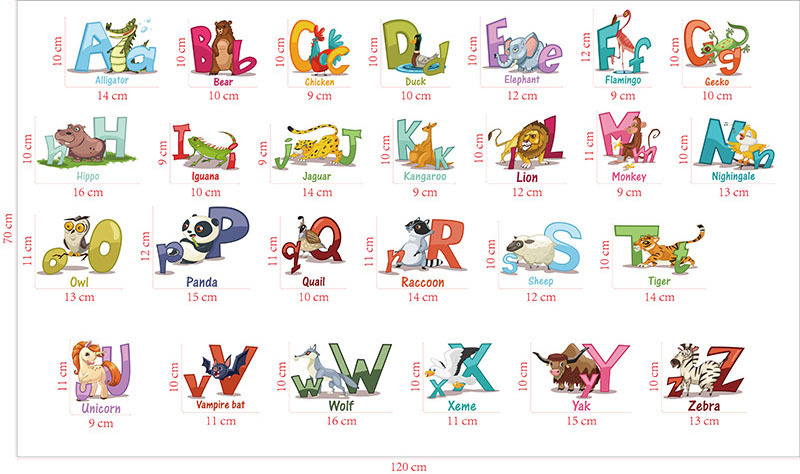 26 ABC Alphabet Animals Decorative Nursery Wall Stickers Custom for Baby Room Education