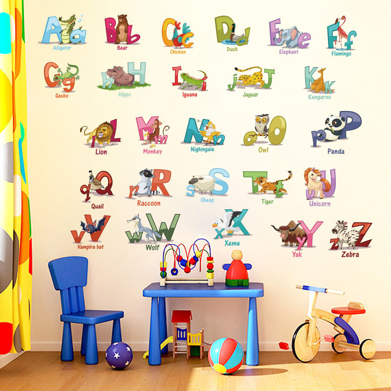 26 ABC Alphabet Animals Decorative Nursery Wall Stickers Custom for Baby Room Education