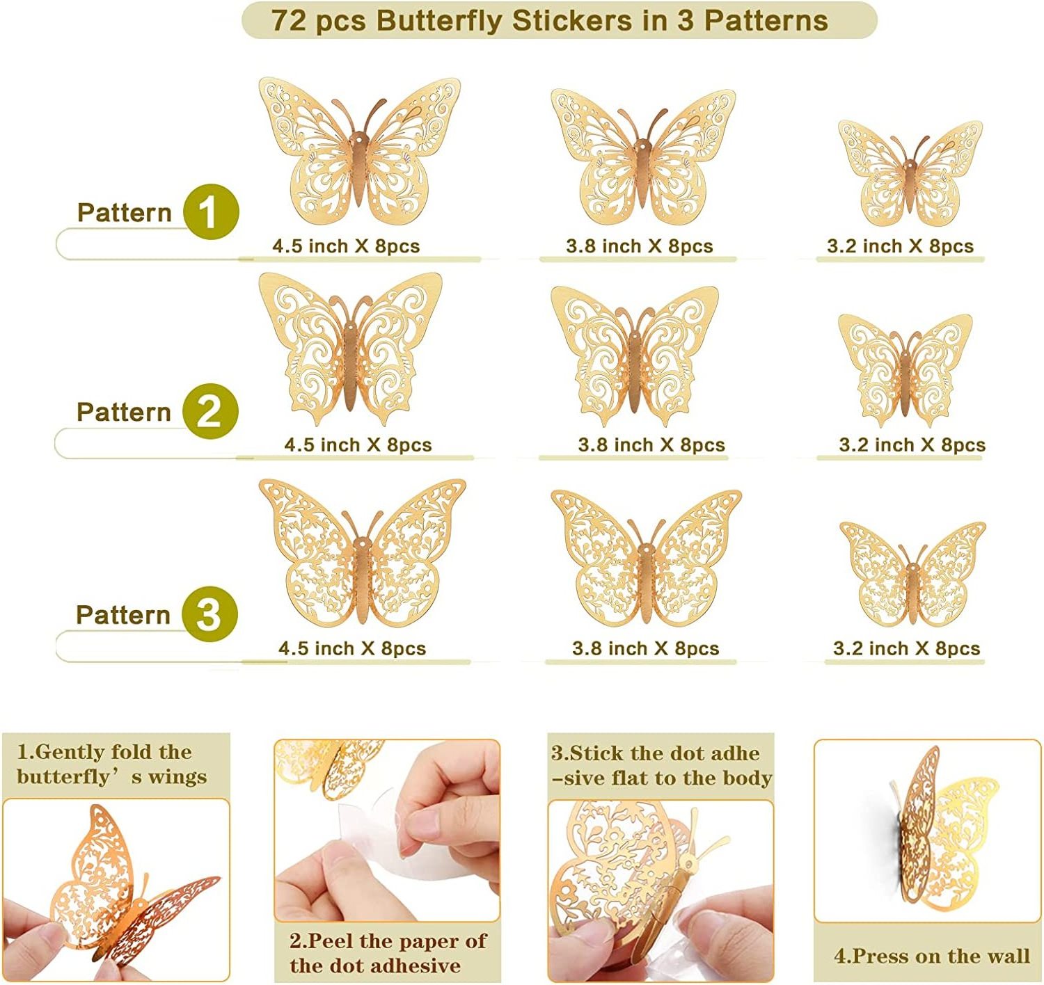 72Pcs Vivid Gold Custom Butterfly 3D Wall Stickers Home Decor for Kids Baby Bedroom Bathroom Living Room Birthday Decoration