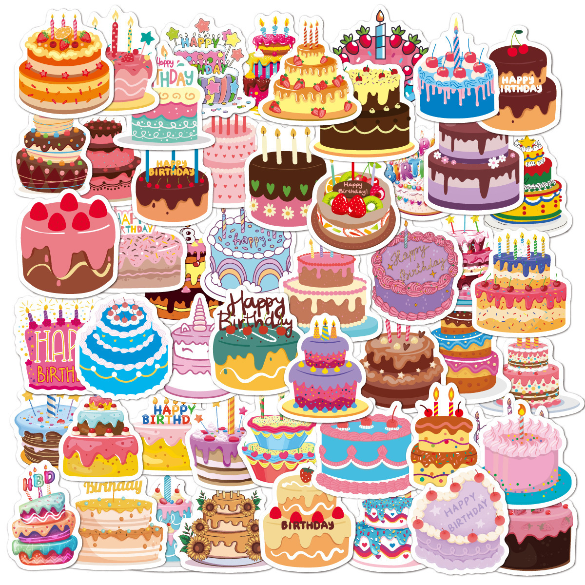 50Pcs Cake Stickers for Kids Water Bottle Laptop Birthday Party Decoration Art Sticker Gifts Motorcycle Luggage Guitar Decal