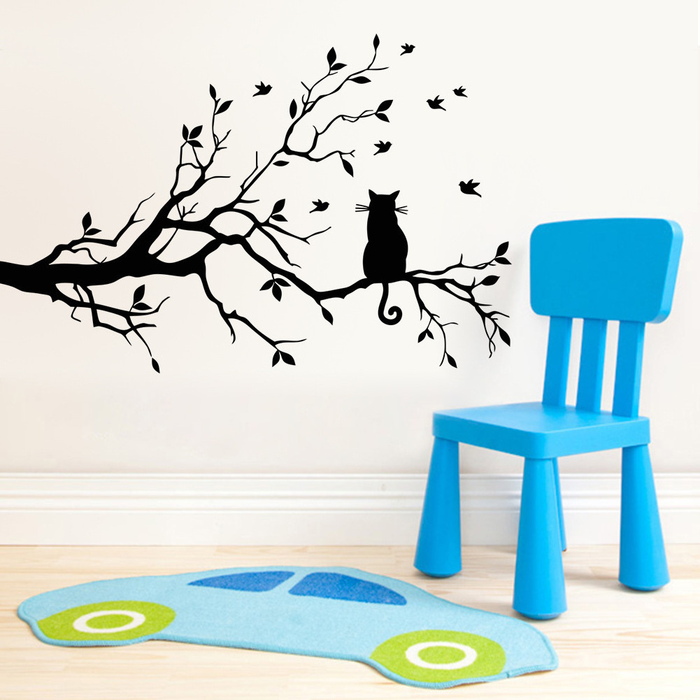 Cartoon Creative  Lovely Cat Bird Tree Wall DIY Removable Wall Stickers Living Room Kids Bedroom Mural Decals