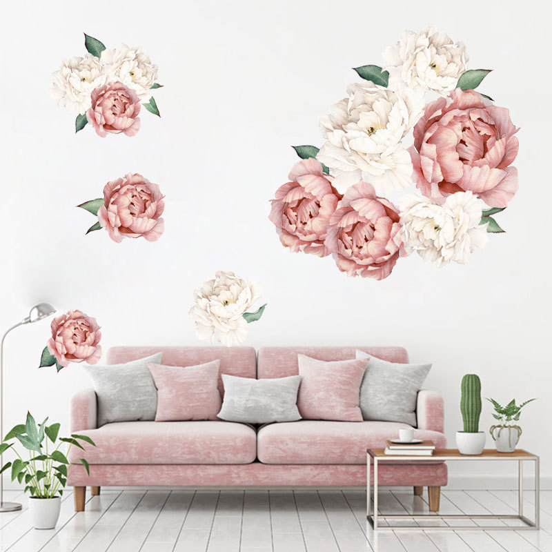 Myway Custom Pink White Peony Flowers Wall Decal Stickers for Kids Room Home Decoration Modern 3d Wall Decal Home Decor Floral