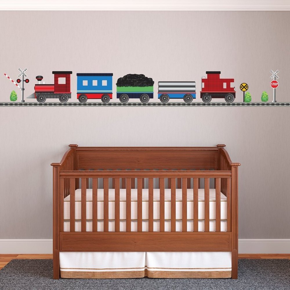 Red Caboose Train with Straight Railroad Track Movable Mural Wall Sticker Adhesive Fabric Wall Decal-Leaves removable stickers