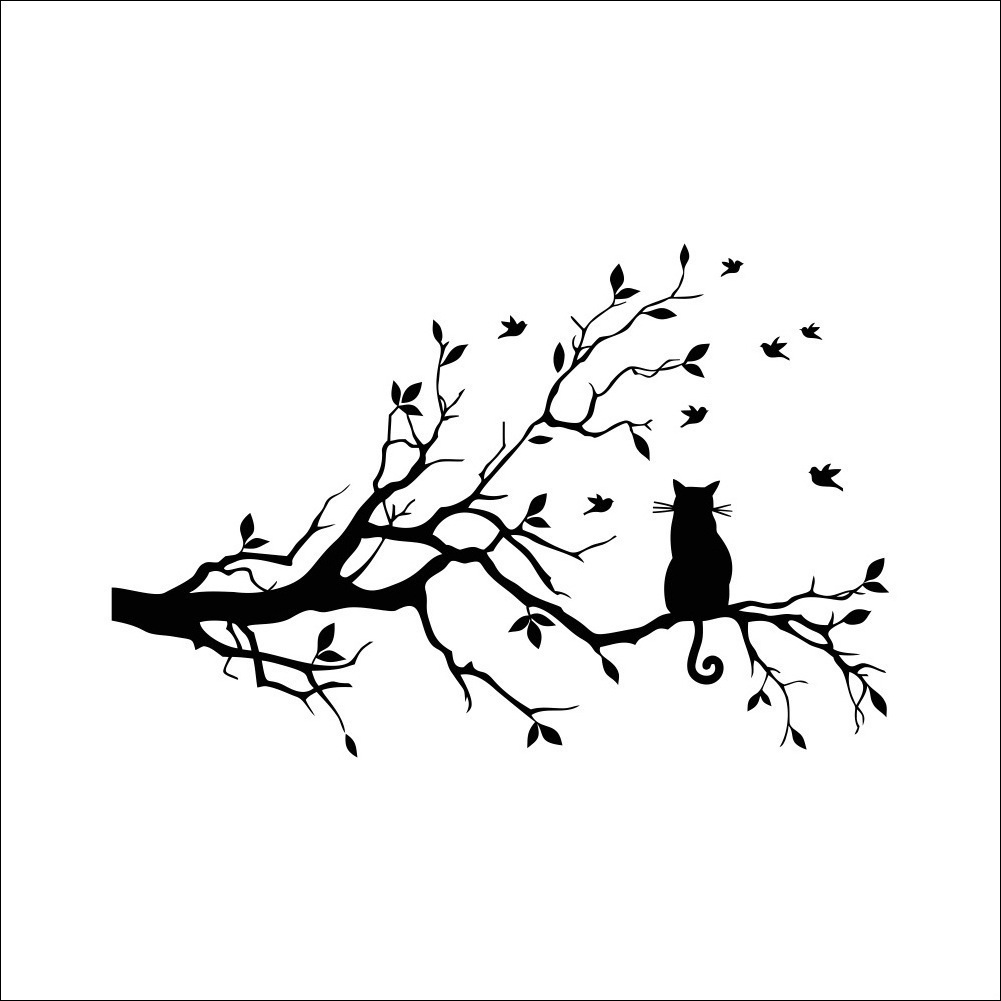 Cartoon Creative  Lovely Cat Bird Tree Wall DIY Removable Wall Stickers Living Room Kids Bedroom Mural Decals