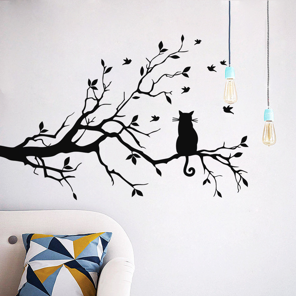 Cartoon Creative  Lovely Cat Bird Tree Wall DIY Removable Wall Stickers Living Room Kids Bedroom Mural Decals