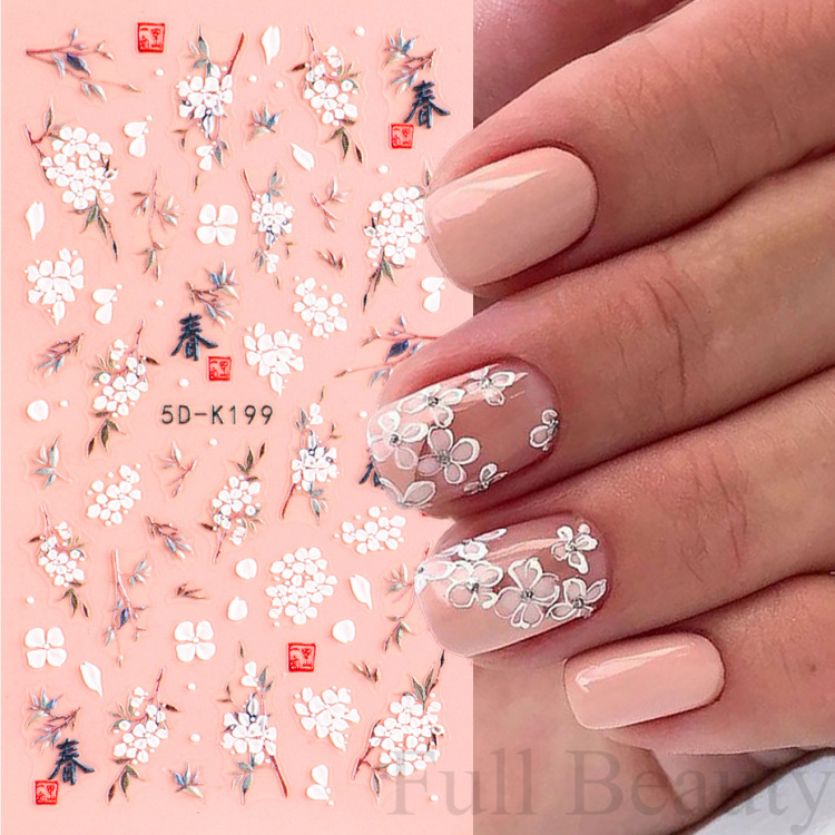 5D Peach Blossom Nail Stickers White Pink Flowers Embossed Sliders Chinese Characters Charms Decals